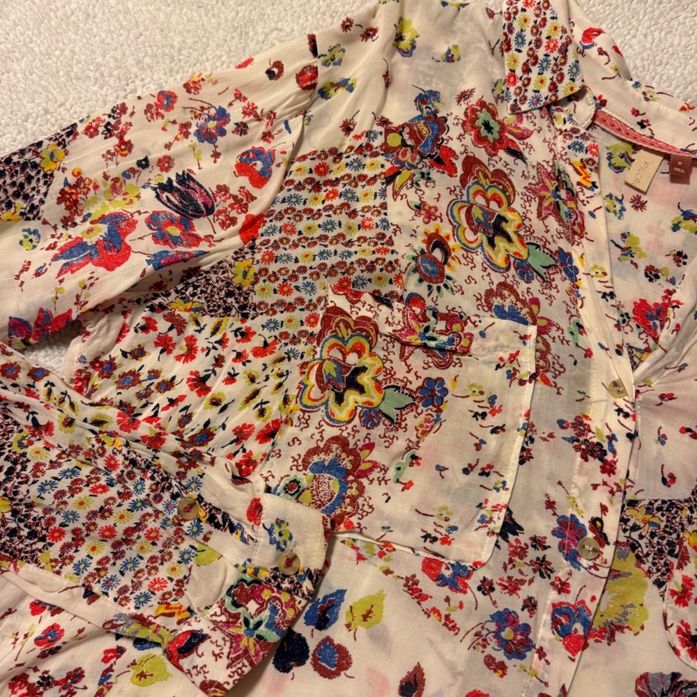 Pilcro Anthropologie The Romy Relaxed Shirt Cream Floral Print Button Front Top - Picture 7 of 10